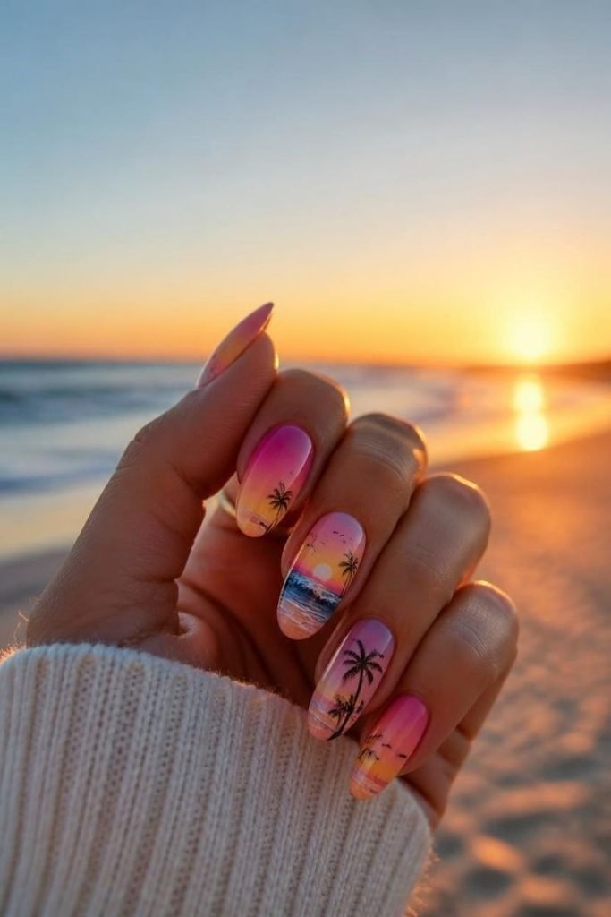 29 Pool Party Nails 2026: Fun, Colorful Designs for Summer Vibes beach-sunset-nails