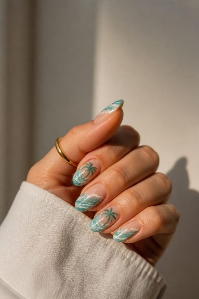 29 Pool Party Nails 2026: Fun, Colorful Designs for Summer Vibes tropical-palm-and-wave-nails