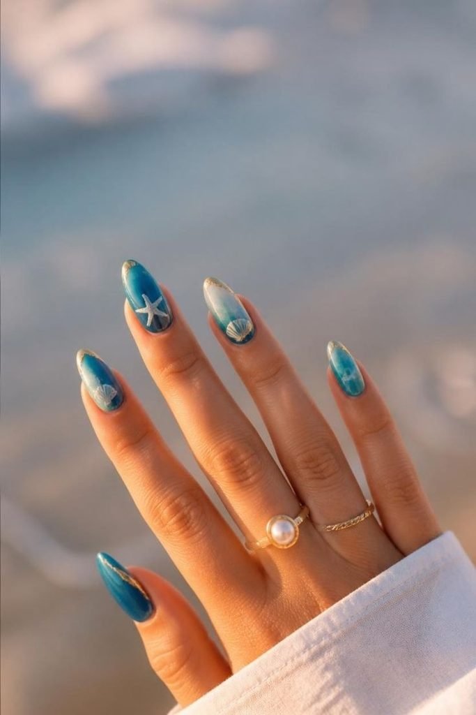 29 Pool Party Nails 2026: Fun, Colorful Designs for Summer Vibes glossy-ocean-inspired-nails