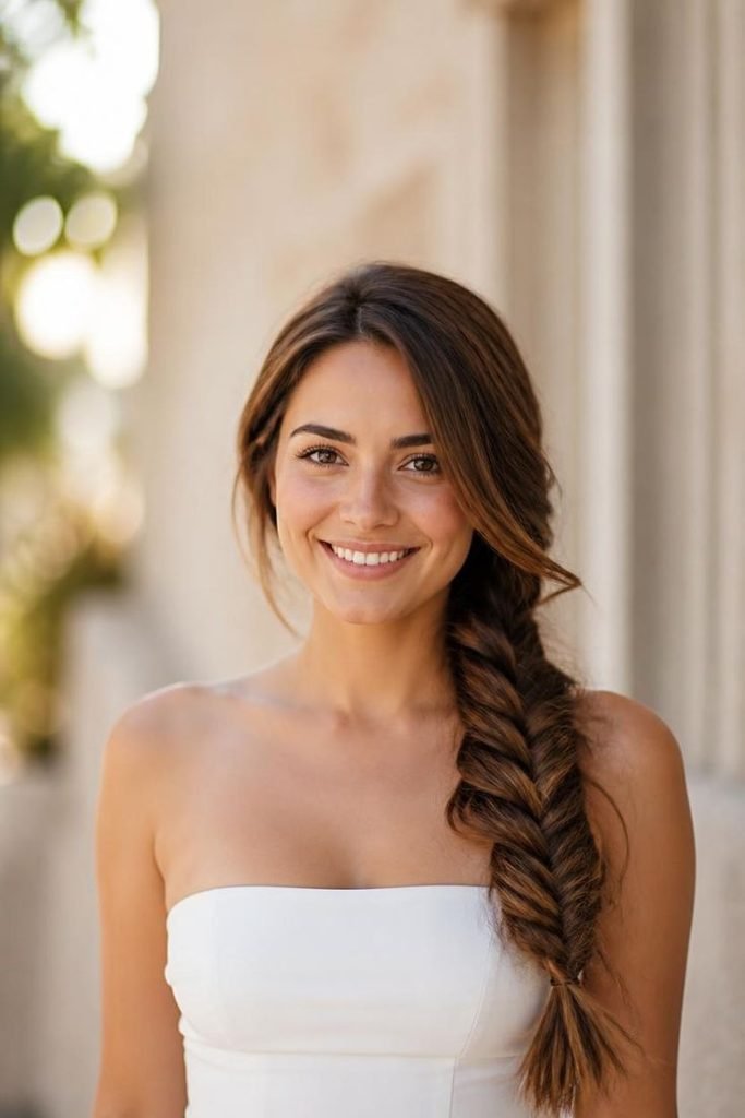 30 Summer Prom Hairstyles 2026: Glamorous, Trendy Looks That Last All Night side-swept-fishtail-braid