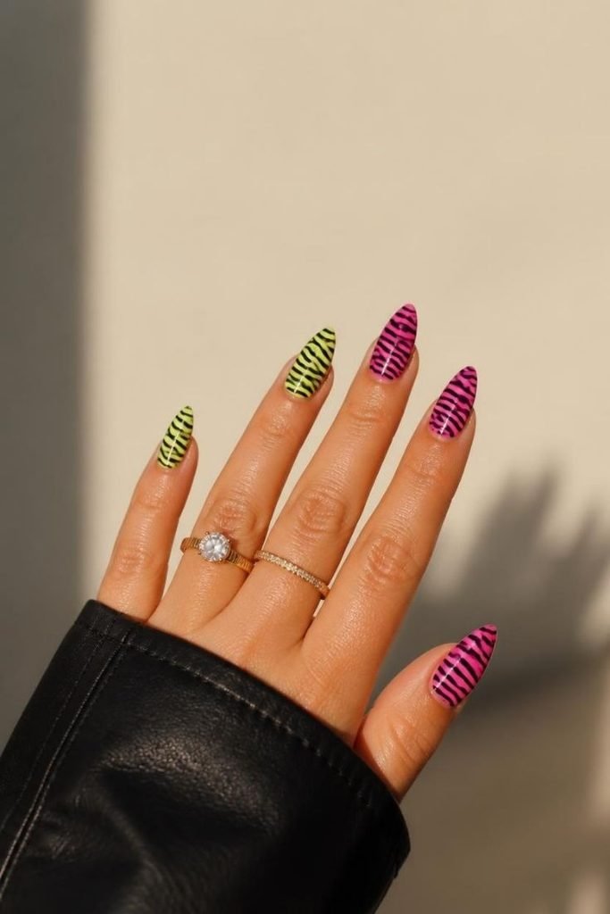 30 Neon Summer Nails 2026: Bold, Bright & Colorful Designs to Light Up Your Look neon-zebra-nails