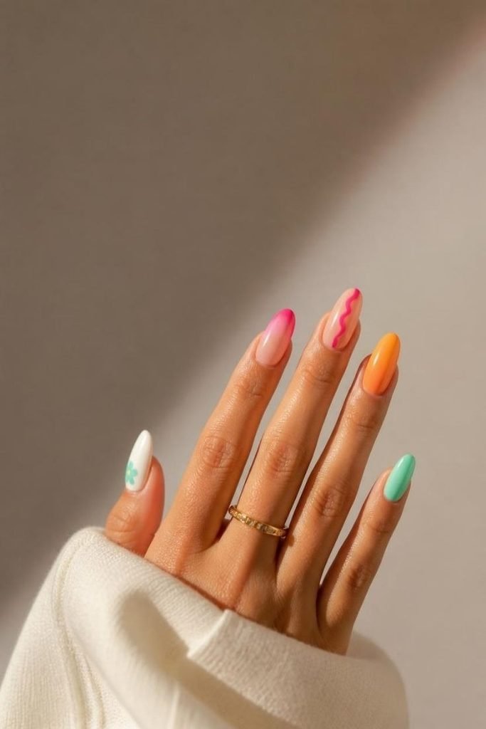 30 Neon Summer Nails 2026: Bold, Bright & Colorful Designs to Light Up Your Look neon-mismatched-nails