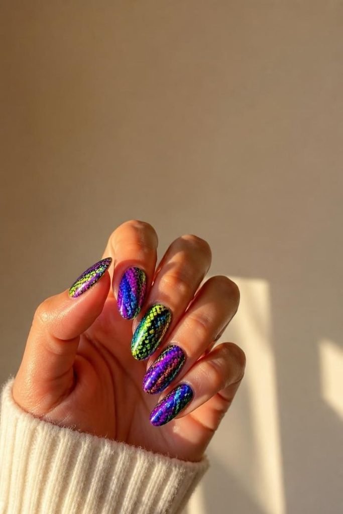 30 Neon Summer Nails 2026: Bold, Bright & Colorful Designs to Light Up Your Look neon-snake-skin-nails