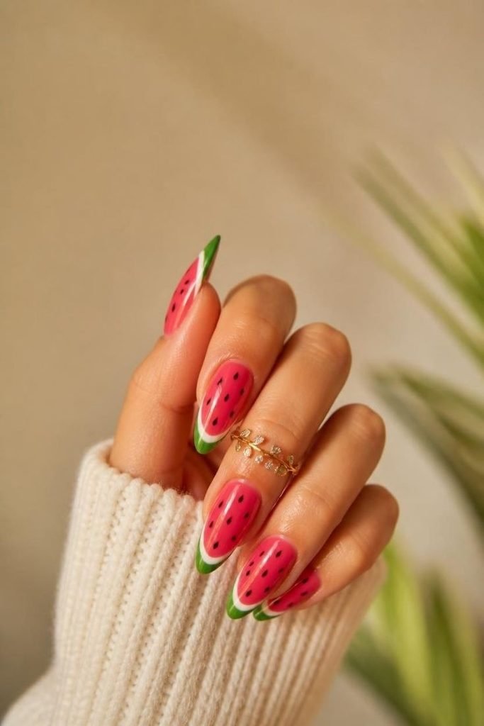 28 Summer Fruit Nail Art Ideas 2026: Cute, Sweet, and Colorful Designs watermelon-nails
