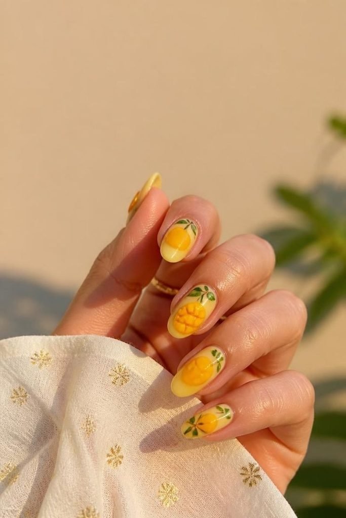 28 Summer Fruit Nail Art Ideas 2026: Cute, Sweet, and Colorful Designs mango-nail-art