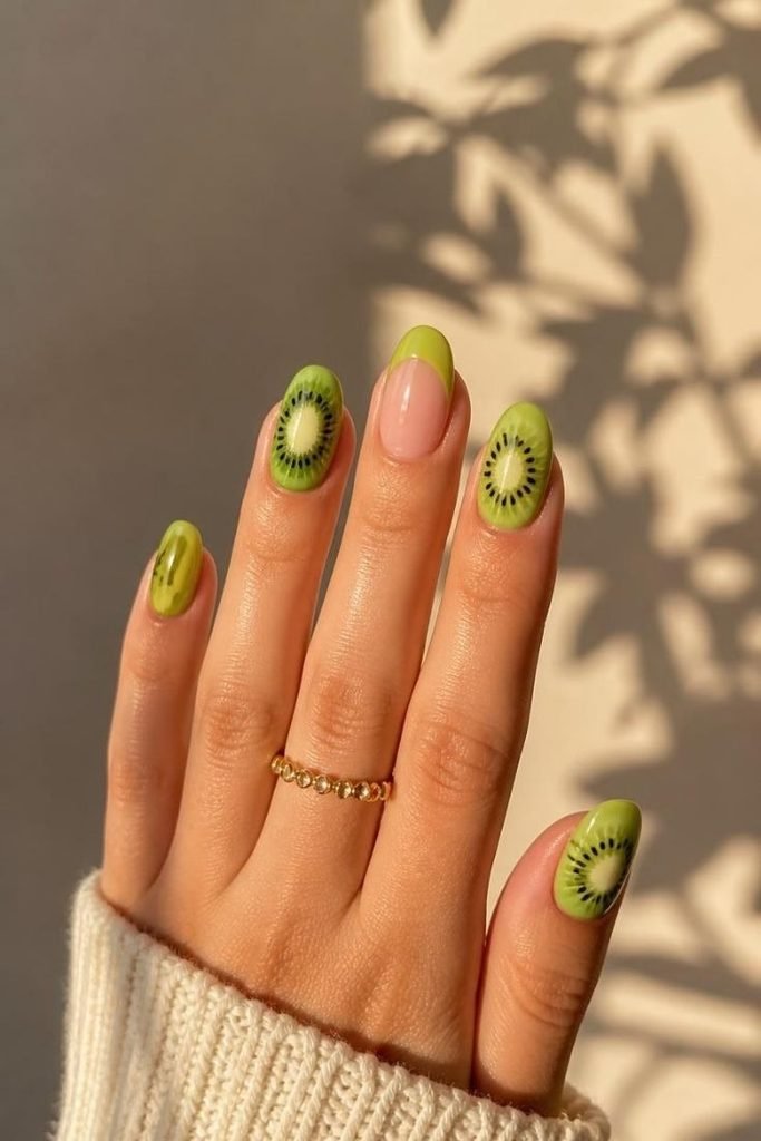 28 Summer Fruit Nail Art Ideas 2026: Cute, Sweet, and Colorful Designs kiwi-nail-art