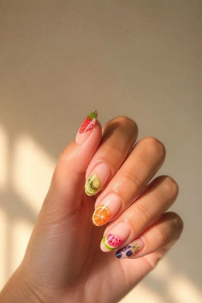 28 Summer Fruit Nail Art Ideas 2026: Cute, Sweet, and Colorful Designs fruit-salad-nails