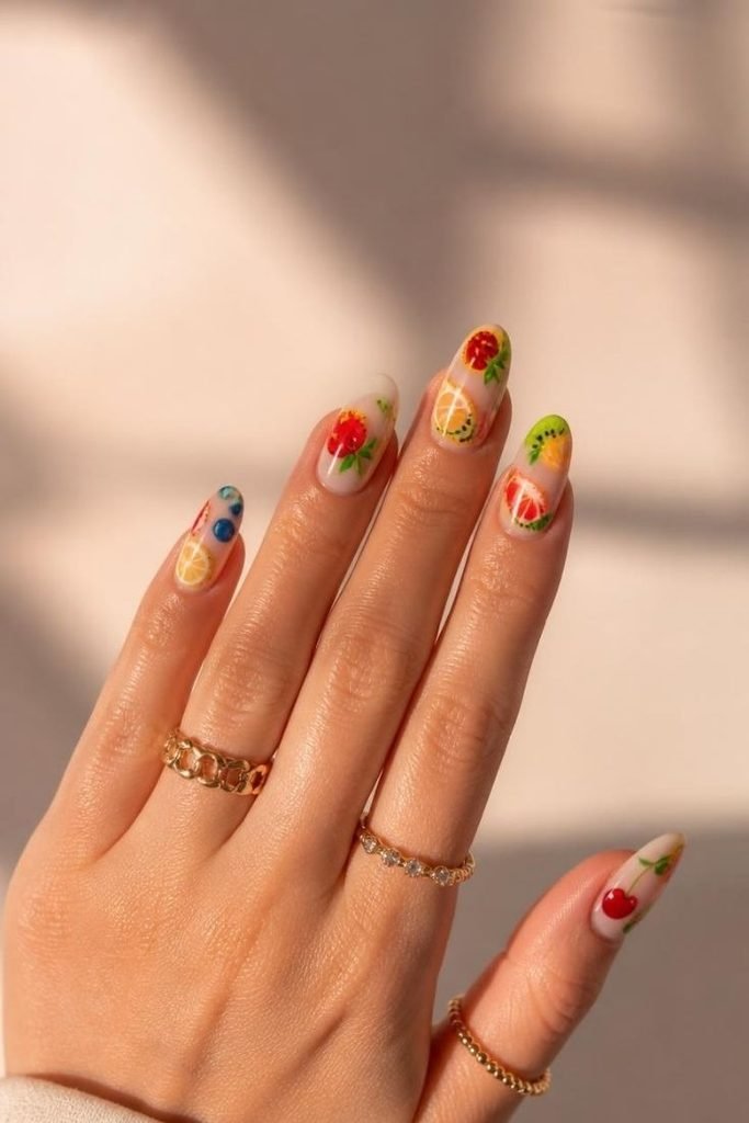 28 Summer Fruit Nail Art Ideas 2026: Cute, Sweet, and Colorful Designs mixed-fruit-nails