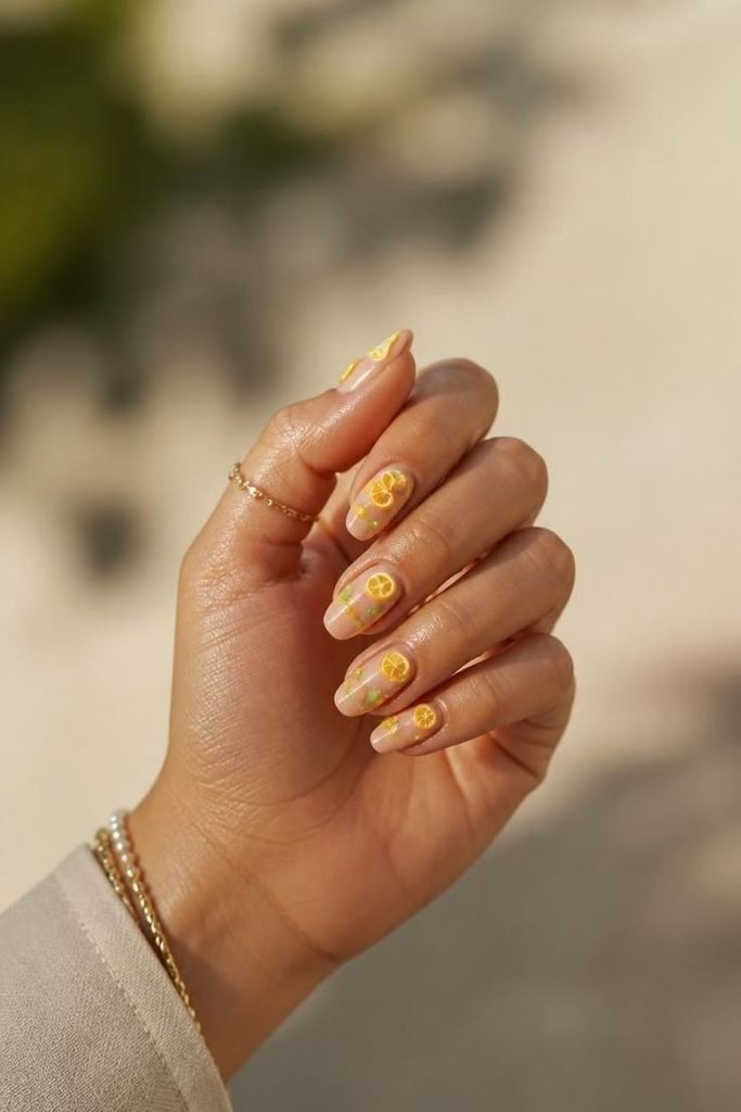 28 Summer Fruit Nail Art Ideas 2026: Cute, Sweet, and Colorful Designs 3d-citrus-nails