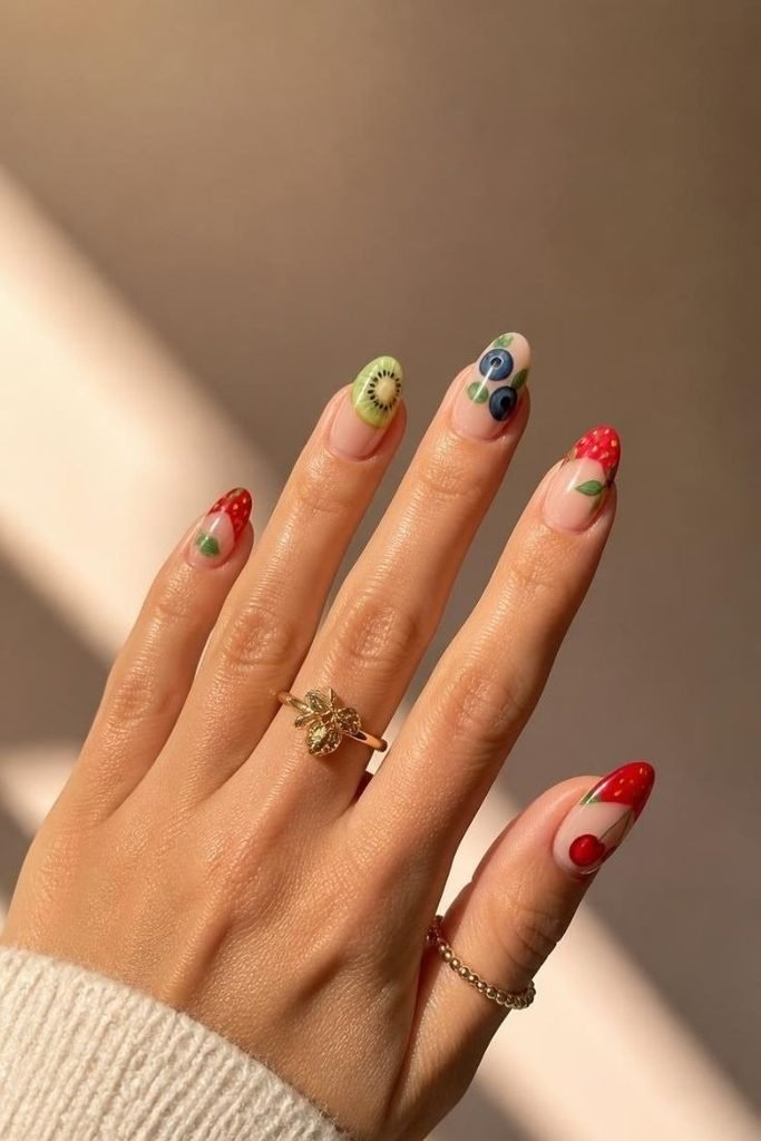28 Summer Fruit Nail Art Ideas 2026: Cute, Sweet, and Colorful Designs glossy-fruit-nails
