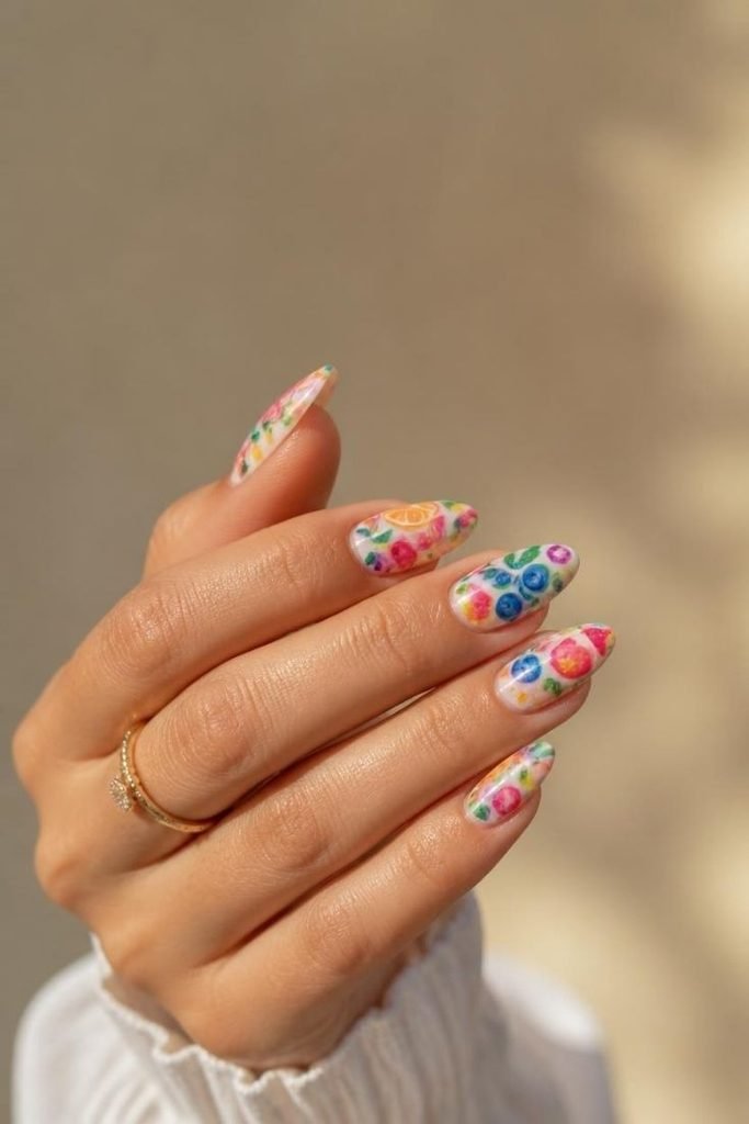 28 Summer Fruit Nail Art Ideas 2026: Cute, Sweet, and Colorful Designs watercolor-fruit-nails