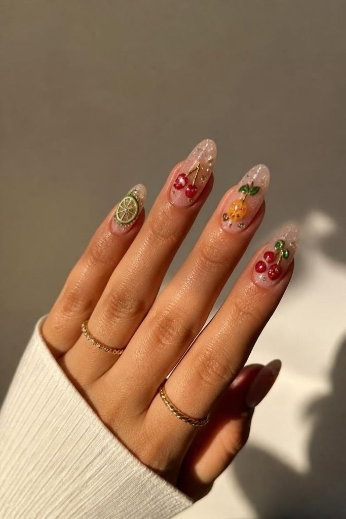28 Summer Fruit Nail Art Ideas 2026: Cute, Sweet, and Colorful Designs rhinestone-fruit-nails