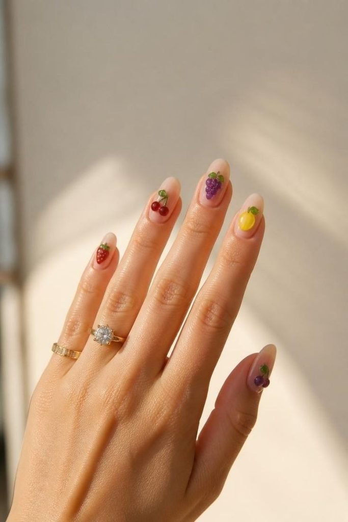 28 Summer Fruit Nail Art Ideas 2026: Cute, Sweet, and Colorful Designs chrome-fruit-nails