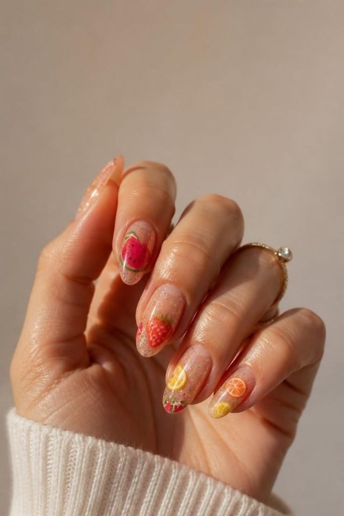 28 Summer Fruit Nail Art Ideas 2026: Cute, Sweet, and Colorful Designs glitter-fruit-nails