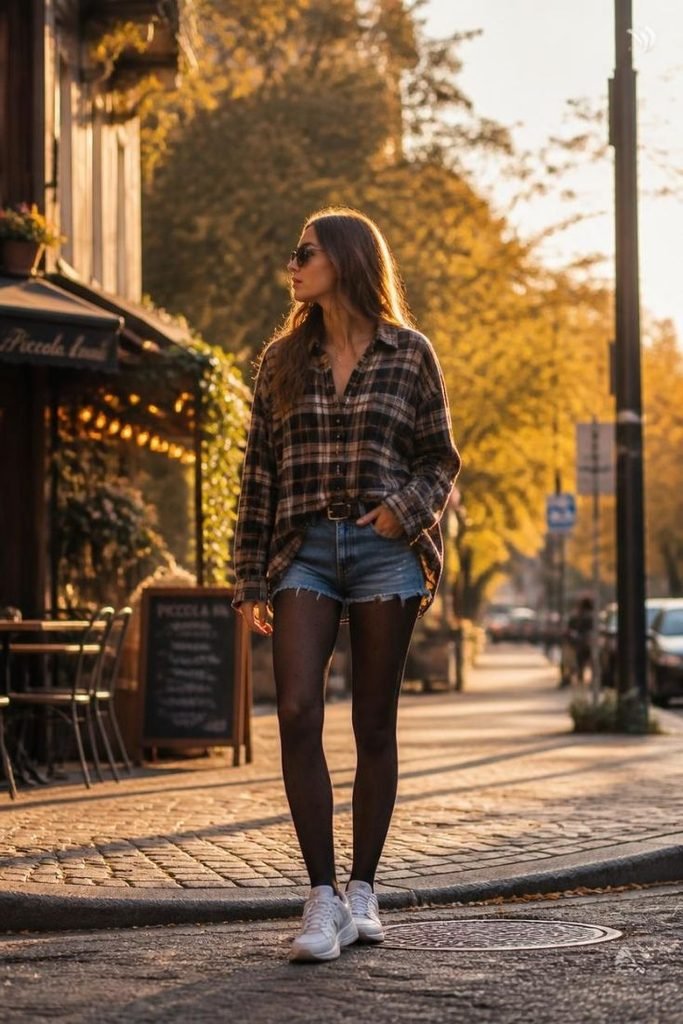 oversized-flannel-denim-shorts-tights