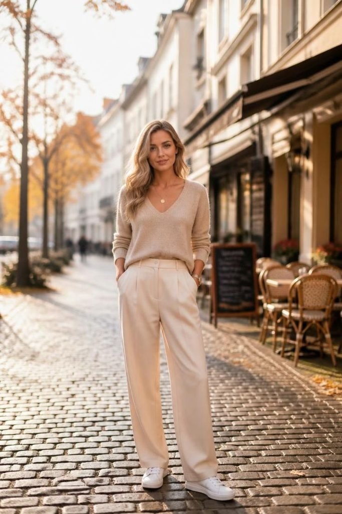 v-neck-sweater-pleated-trousers