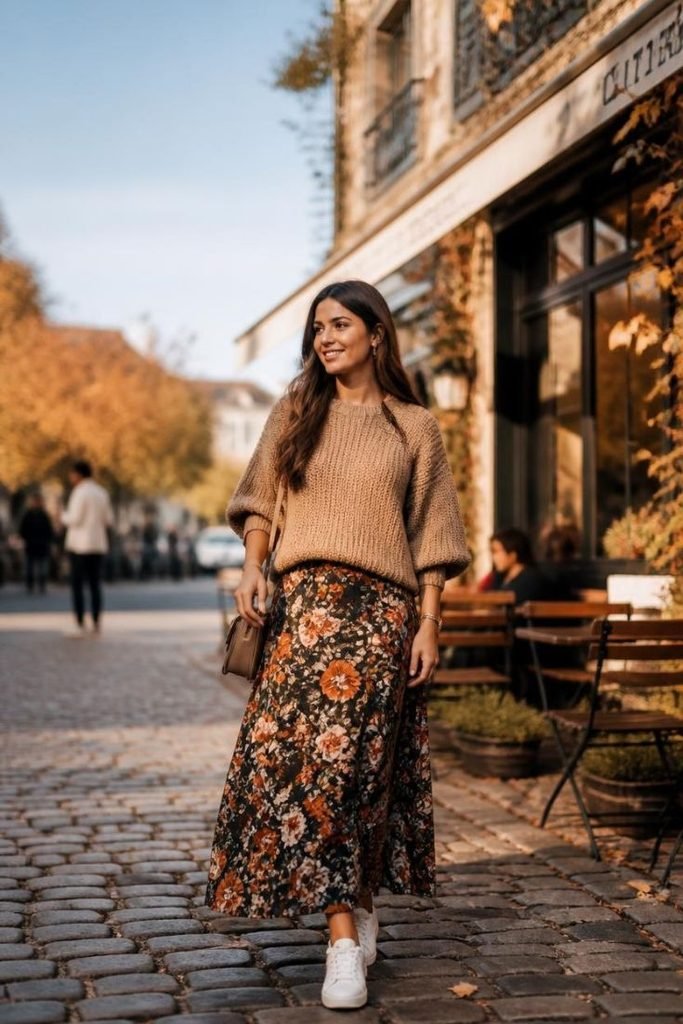 29 Best Fall Boho Outfit Ideas 2026: Chic, Free-Spirited & Effortlessly Bohemian Looks floral-maxi-skirt-chunky-sweater