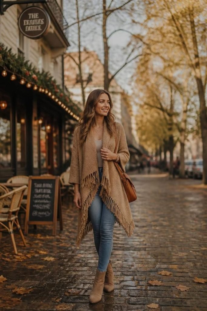 29 Best Fall Boho Outfit Ideas 2026: Chic, Free-Spirited & Effortlessly Bohemian Looks fringe-cardigan-skinny-jeans