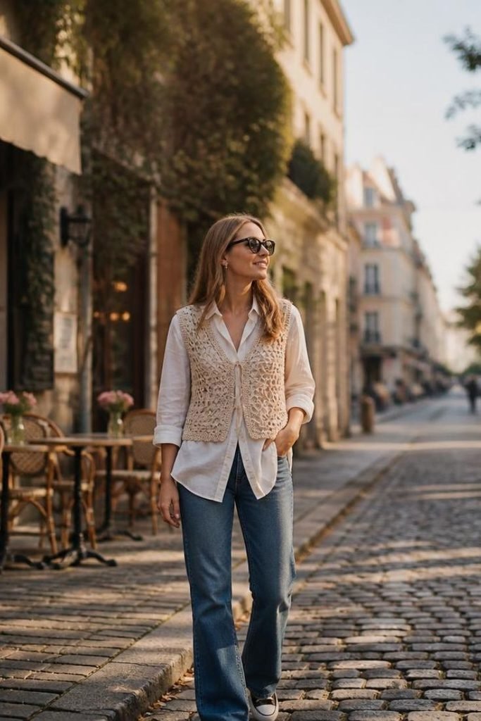 29 Best Fall Boho Outfit Ideas 2026: Chic, Free-Spirited & Effortlessly Bohemian Looks crochet-vest-button-down-shirt