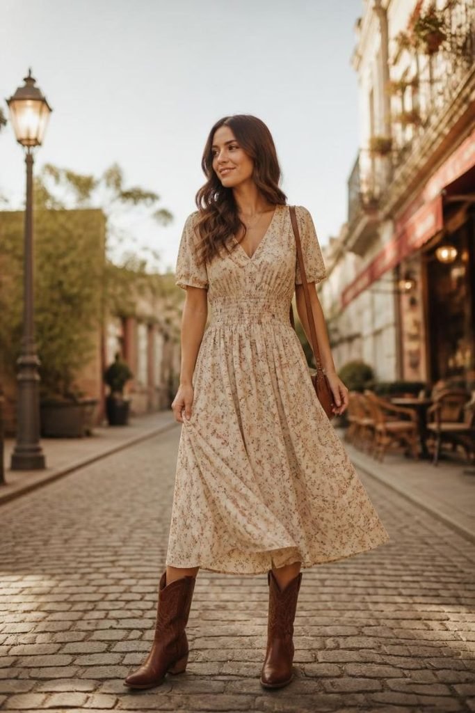 29 Best Fall Boho Outfit Ideas 2026: Chic, Free-Spirited & Effortlessly Bohemian Looks flowy-midi-dress-cowboy-boots