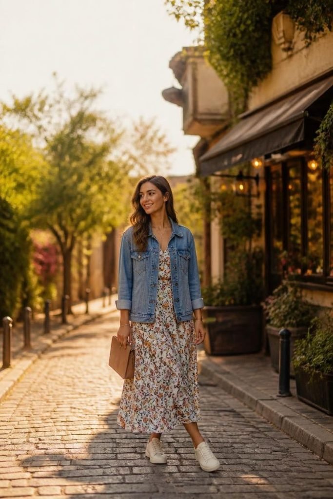 29 Best Fall Boho Outfit Ideas 2026: Chic, Free-Spirited & Effortlessly Bohemian Looks denim-jacket-floral-dress