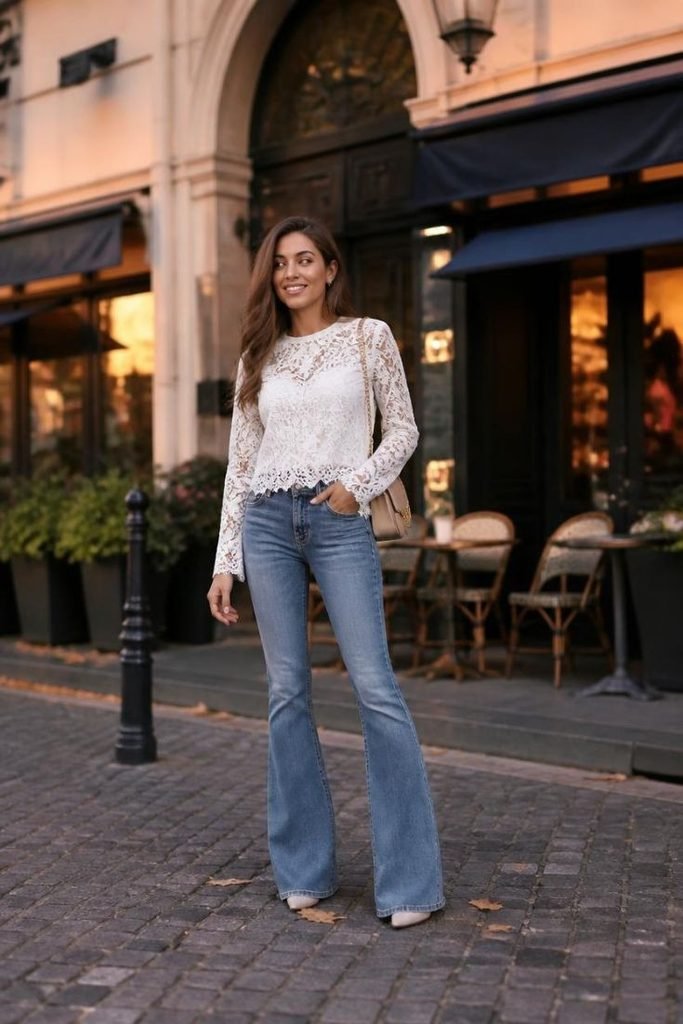 29 Best Fall Boho Outfit Ideas 2026: Chic, Free-Spirited & Effortlessly Bohemian Looks lace-top-flared-denim