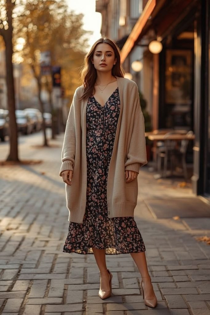 29 Best Fall Boho Outfit Ideas 2026: Chic, Free-Spirited & Effortlessly Bohemian Looks oversized-cardigan-floral-midi-dress