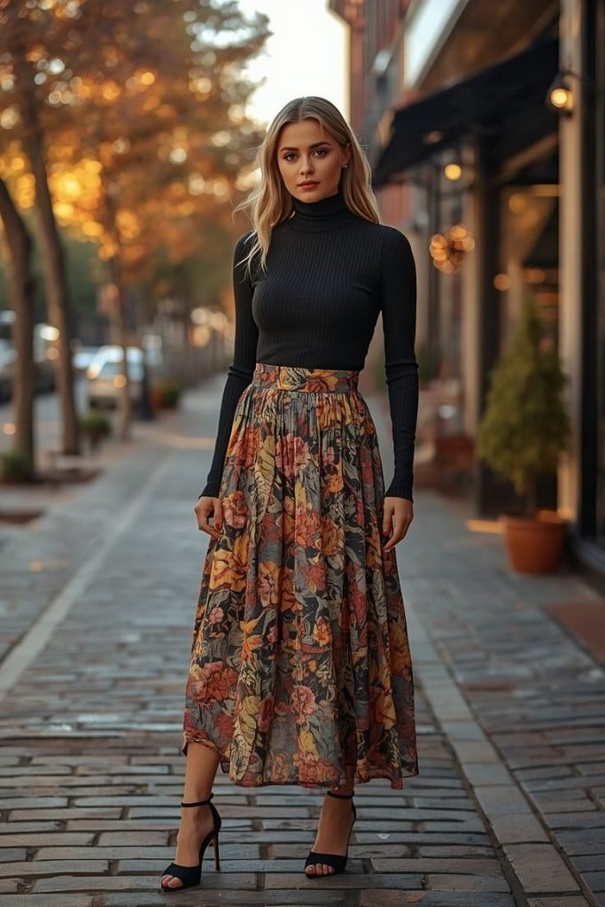 29 Best Fall Boho Outfit Ideas 2026: Chic, Free-Spirited & Effortlessly Bohemian Looks turtleneck-printed-maxi-skirt