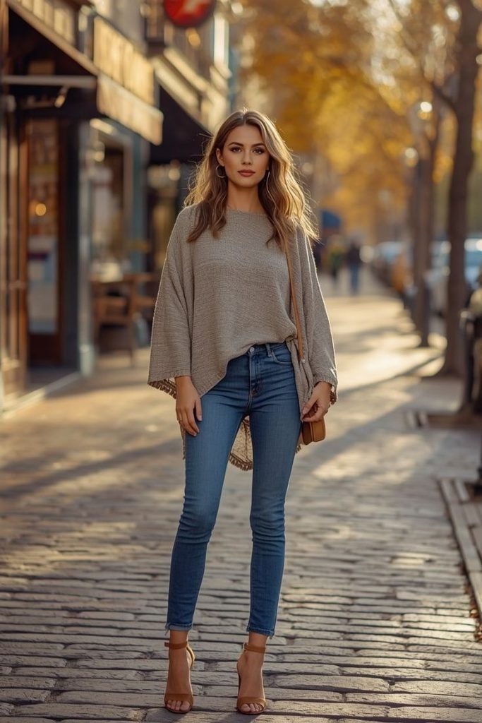 29 Best Fall Boho Outfit Ideas 2026: Chic, Free-Spirited & Effortlessly Bohemian Looks boho-poncho-skinny-jeans