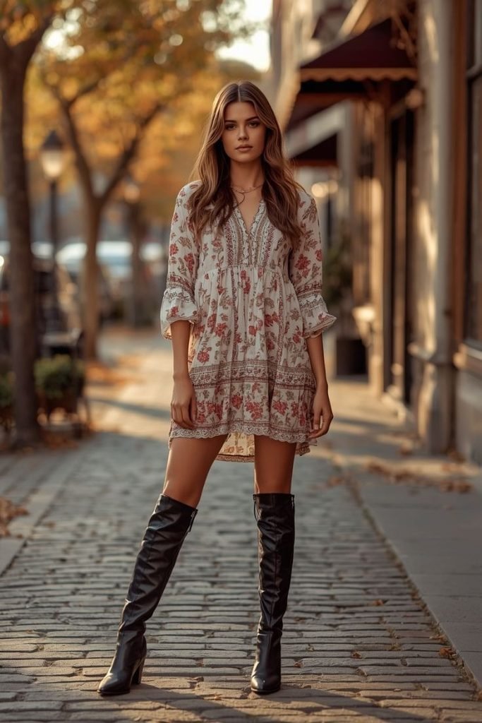 29 Best Fall Boho Outfit Ideas 2026: Chic, Free-Spirited & Effortlessly Bohemian Looks peasant-dress-tall-boots