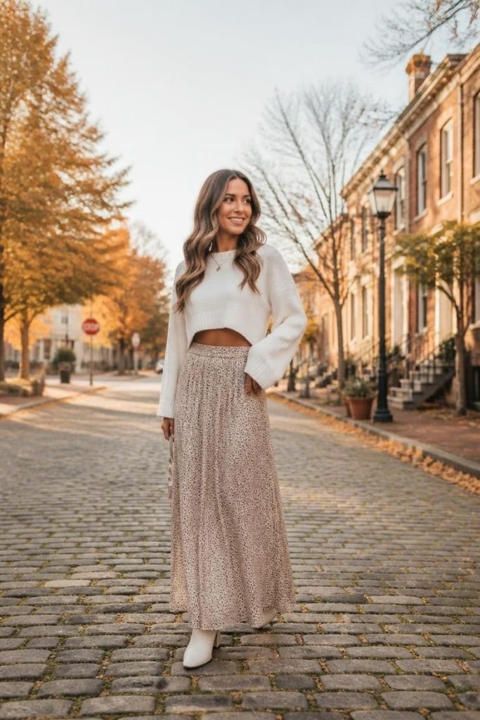 29 Best Fall Boho Outfit Ideas 2026: Chic, Free-Spirited & Effortlessly Bohemian Looks cropped-sweater-flowy-maxi-skirt