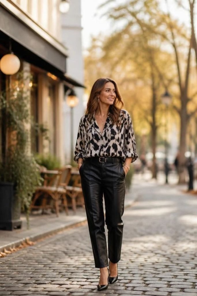 29 Best Fall Boho Outfit Ideas 2026: Chic, Free-Spirited & Effortlessly Bohemian Looks printed-blouse-leather-pants