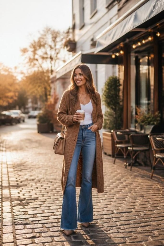 29 Best Fall Boho Outfit Ideas 2026: Chic, Free-Spirited & Effortlessly Bohemian Looks long-cardigan-flared-jeans