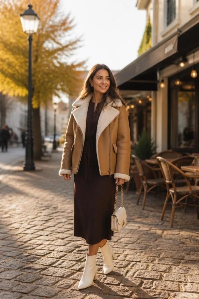 29 Best Fall Boho Outfit Ideas 2026: Chic, Free-Spirited & Effortlessly Bohemian Looks shearling-jacket-midi-dress