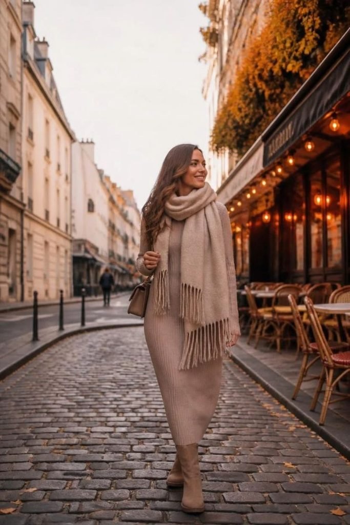 29 Best Fall Boho Outfit Ideas 2026: Chic, Free-Spirited & Effortlessly Bohemian Looks oversized-scarf-knit-dress