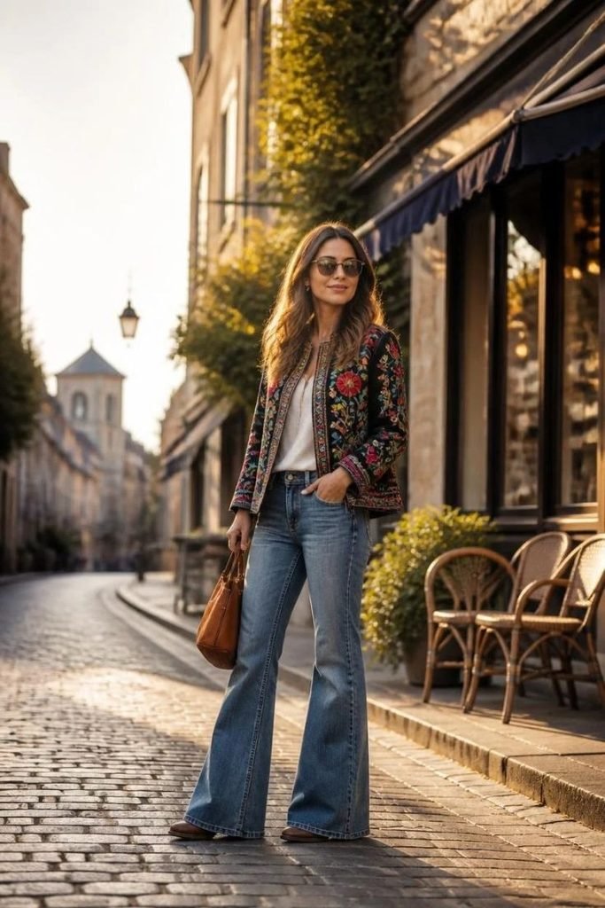 29 Best Fall Boho Outfit Ideas 2026: Chic, Free-Spirited & Effortlessly Bohemian Looks embroidered-jacket-bootcut-jeans