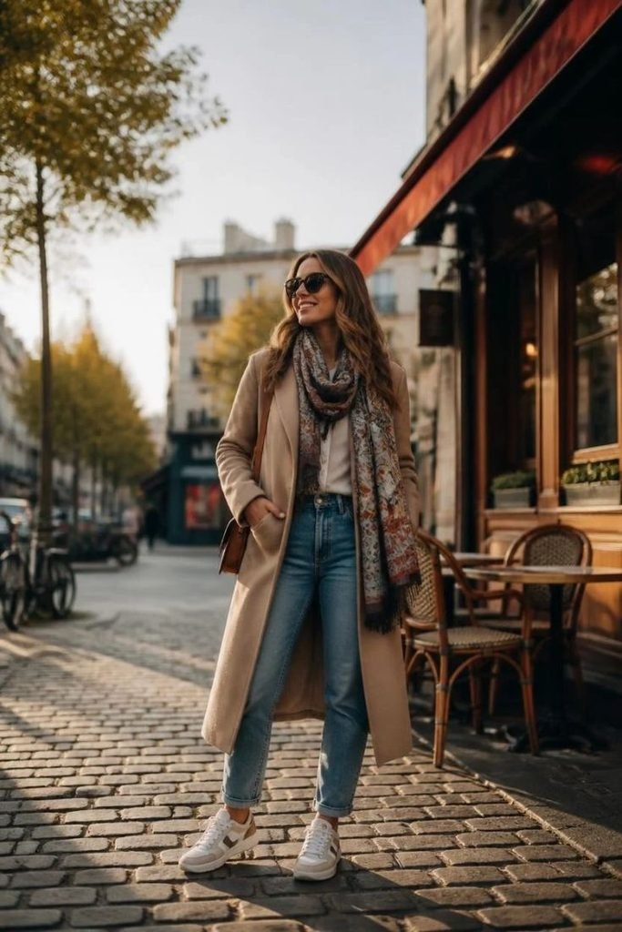 29 Best Fall Boho Outfit Ideas 2026: Chic, Free-Spirited & Effortlessly Bohemian Looks long-coat-printed-scarf-denim