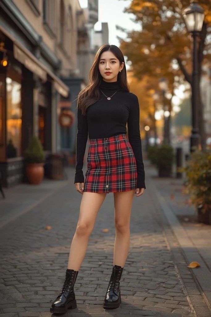 turtleneck-plaid-mini-skirt