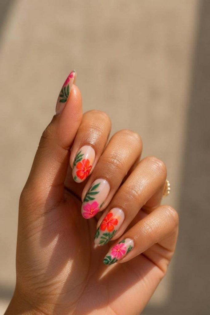 29 Pool Party Nails 2026: Fun, Colorful Designs for Summer Vibes tropical-floral-nails