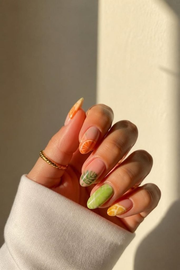 29 Pool Party Nails 2026: Fun, Colorful Designs for Summer Vibes tropical-citrus-nail-art