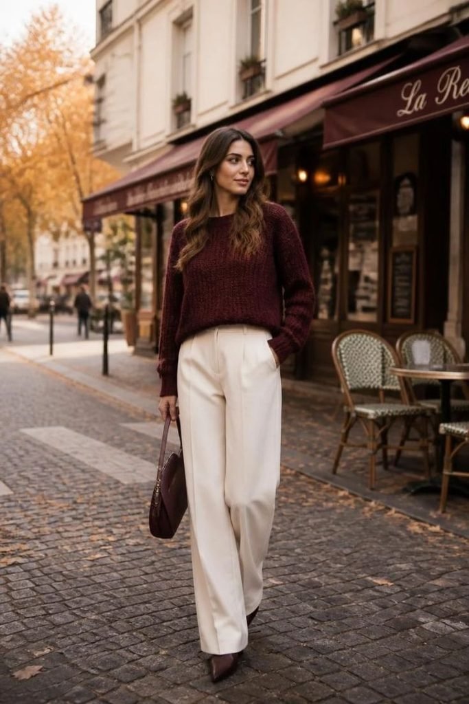 burgundy-sweater-with-cream-trousers