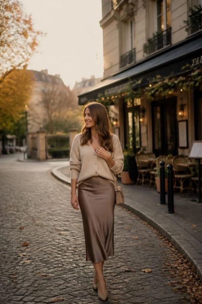 cardigan-with-a-satin-midi-skirt