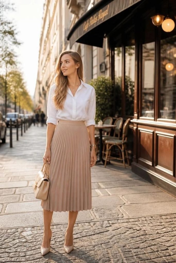 white-shirt-with-a-pleated-midi-skirt