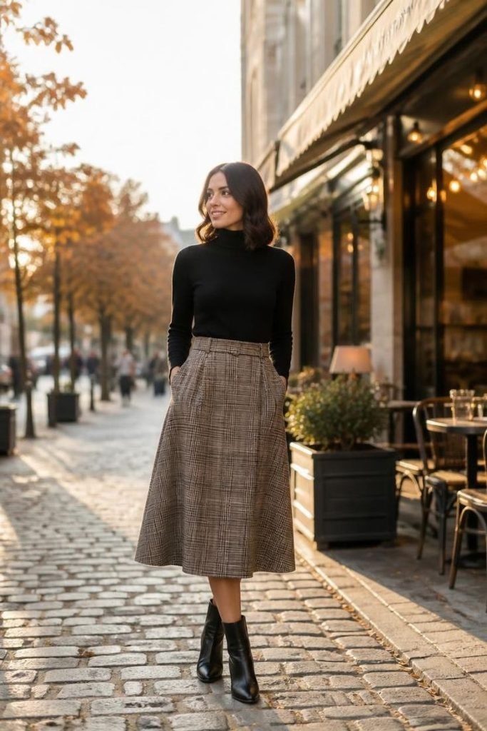 black-turtleneck-with-a-plaid-midi-skirt