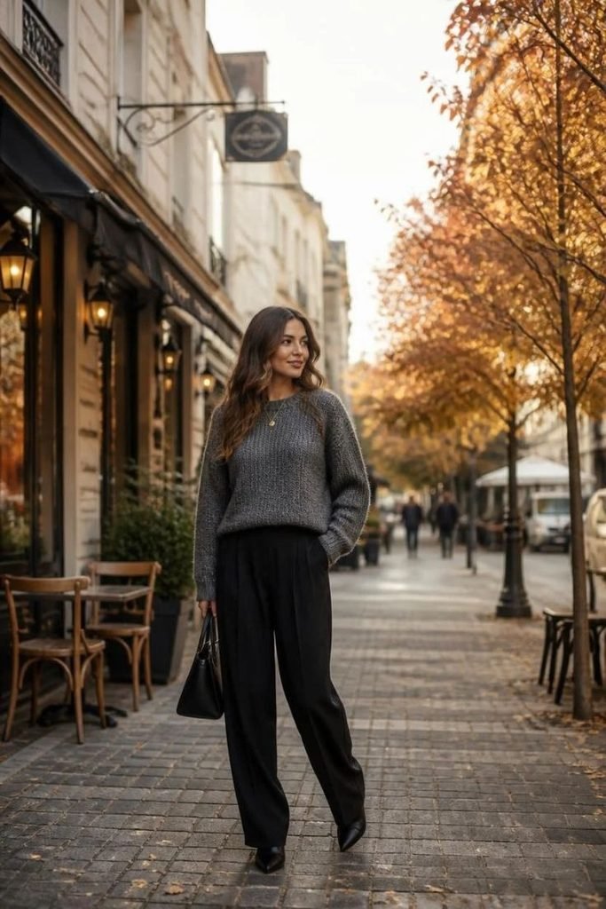 gray-knit-sweater-with-black-trousers