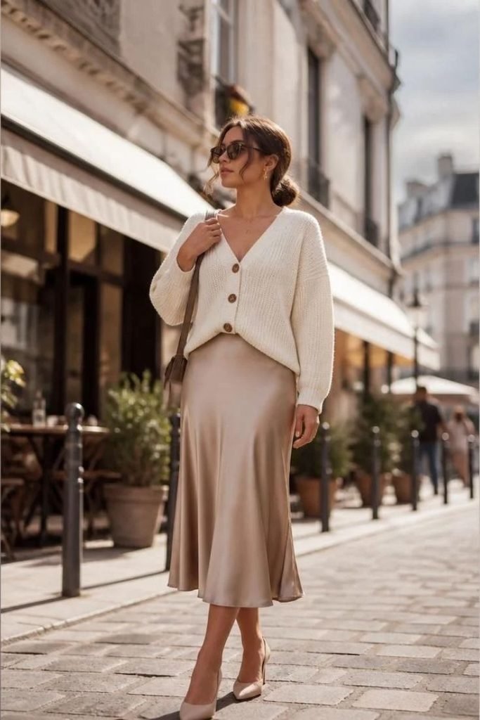 cream-cardigan-with-a-satin-midi-skirt