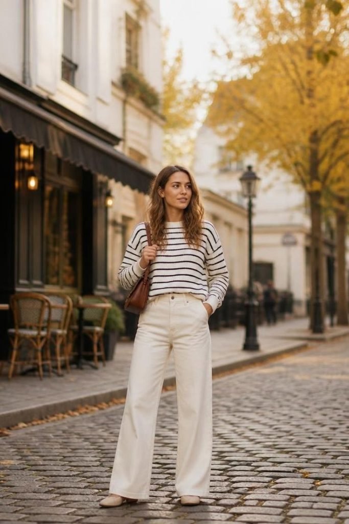 striped-sweater-with-cream-trousers