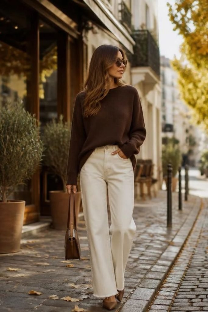 chocolate-brown-sweater-with-cream-jeans