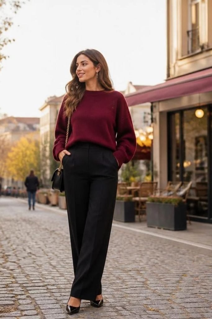 burgundy-sweater-with-black-trousers