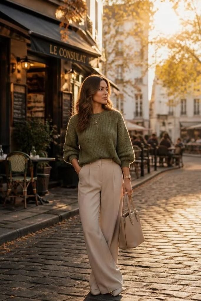 olive-green-sweater-with-beige-trousers